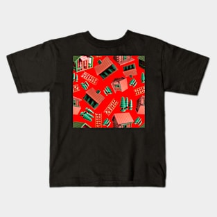 Jovielle Forest Birdhouses Tossed on Bright Red Kids T-Shirt